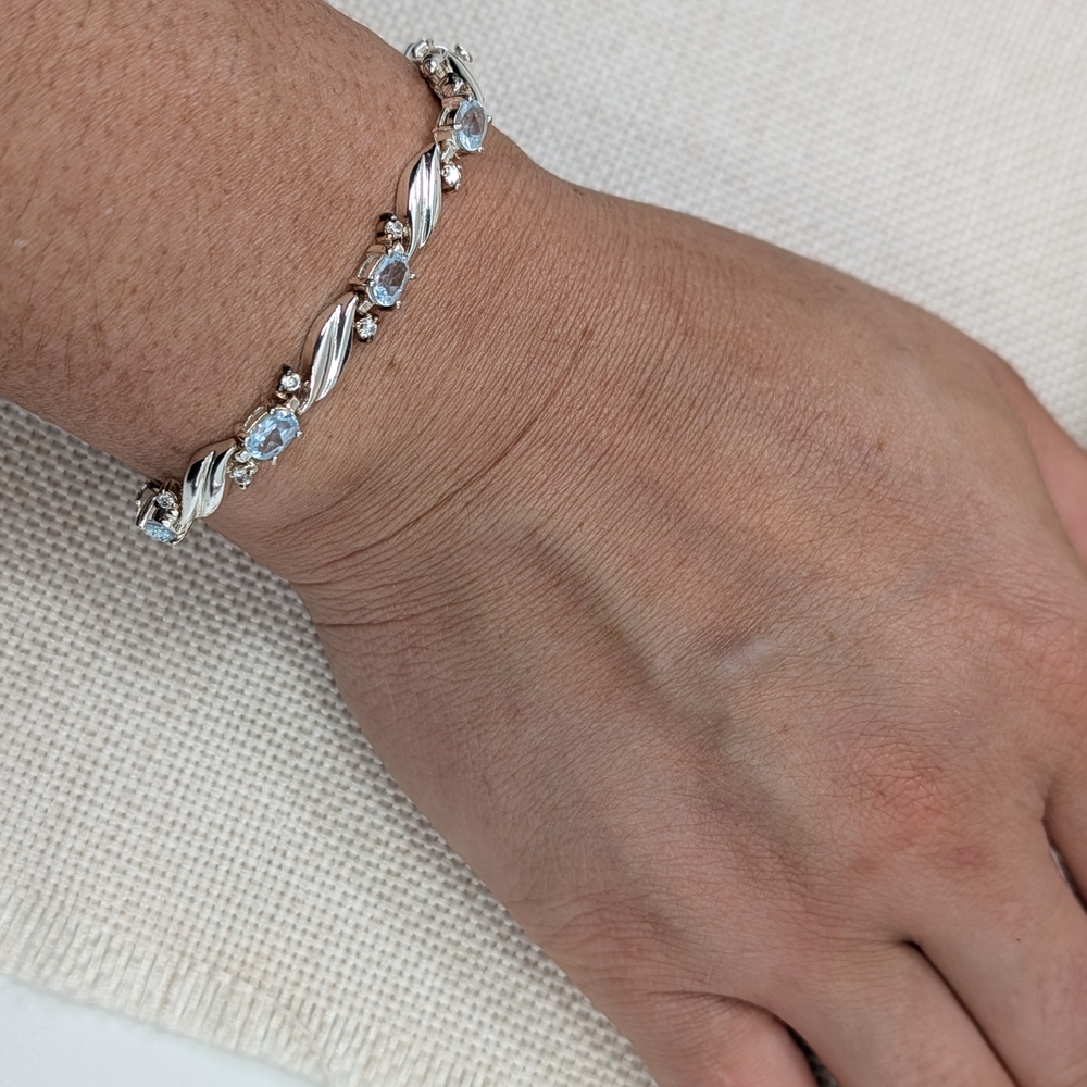 925 Sterling Silver Blue Topaz & CZ Link Bracelet 8” | Twisted Leaf Design - Picture 3 of 16